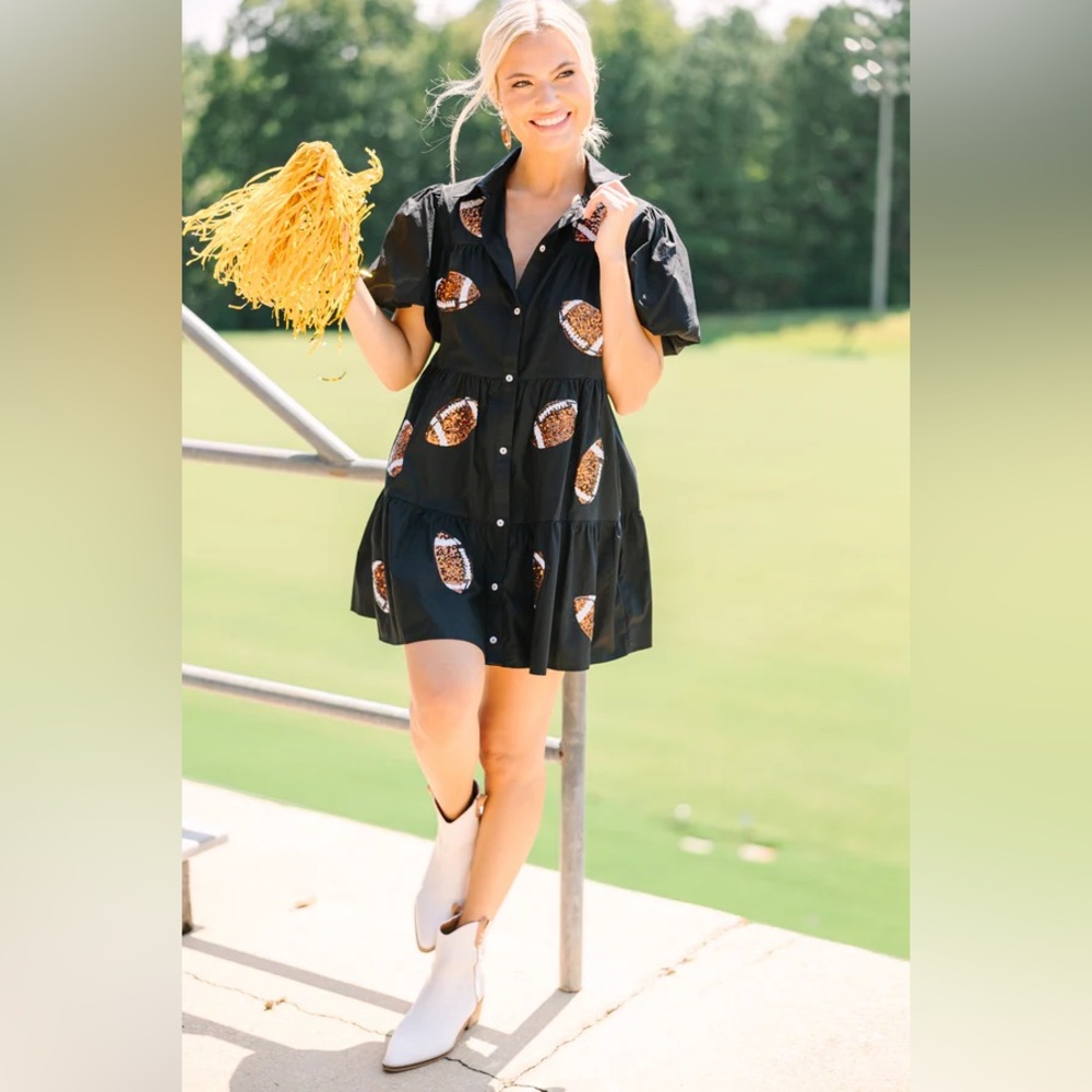 Peach Love California Black Tiered Mini Dress with Sequin Patches